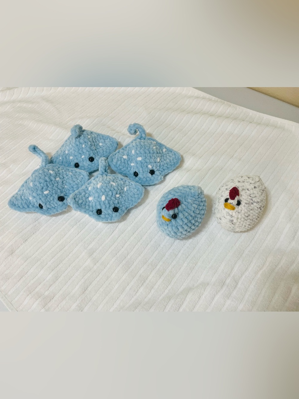 Handmade Crochet Plushies Stingray and Chicken set for baby room decoration, NEW